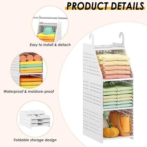 Honkazita 3-Tier Foldable Hanging Closet Organizer, Free-Standing | Closet Hanging Organizer for Wardrobe, Laundry Room, Plastic Hanging Closet Shelves for Clothes, Handbags, Accessories (White)