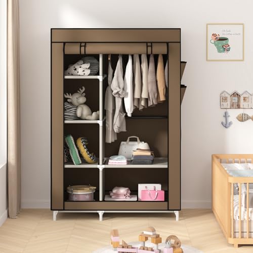 Calmootey Portable Closet Organizers, Clothing Storage, Wardrobe with 6 Shelves and Hanging Rod, Non-Woven Fabric Cover with 4 Side Pockets, Brown - color: Brown
