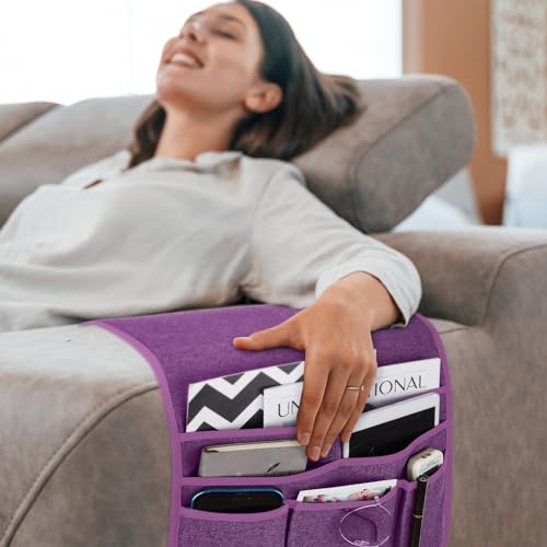 Teniux Remote Control Holder Armchair Caddy for Recliner Couch, Non-Slip Armrest Organizer with 5 Pockets for Magazine, Tablet, Phone, iPad (Purple) - color: Color K- Purple