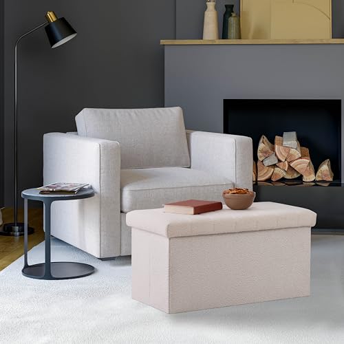 Seville Classics Cushioned Fabric Ottoman Hidden Storage Chest Footrest Chair, Padded Seat for Bedroom, Dorm, Loft, Living Room, Entryway, Hallway, White Boucle, 30" Bench - color: White Boucle, size: 15.7"D x 30"W x 15.7"H