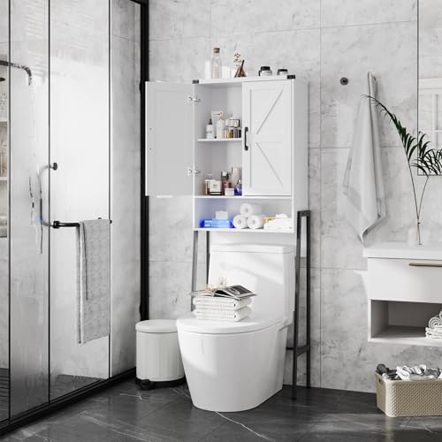 Over The Toilet Storage Cabinet with 2-Door Design Bathroom Organizers and Storage with Anti-Tip Device Over Toilet Organizer with Shelves for Bathroom,Restroom,Laundry White - color: White