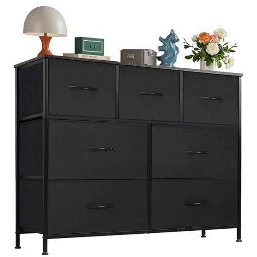 OLIXIS Dresser for Bedroom, 7 Storage Drawers, Wide Fabric Closet Chests Organizer Tower Furniture, TV Stand with Wooden Top Metal Frame for Clothes, Living Room, Hallway, Entryway, Black - color: Black, size: 11.8"D x 39.4"W x 30"H (7 Drawers)