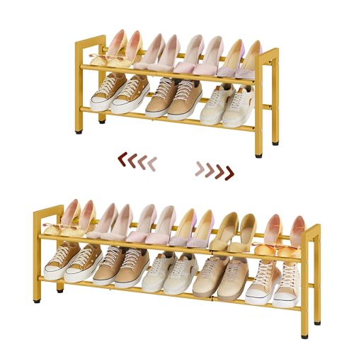 FAVOOSTY 2-Tier Expandable Shoe Rack, Adjustable Shoe Shelf Storage Organizer Space Saving Metal Free Standing Shoe Rack for Entryway Closet Doorway, Gold - color: Gold, size: 2 Tier