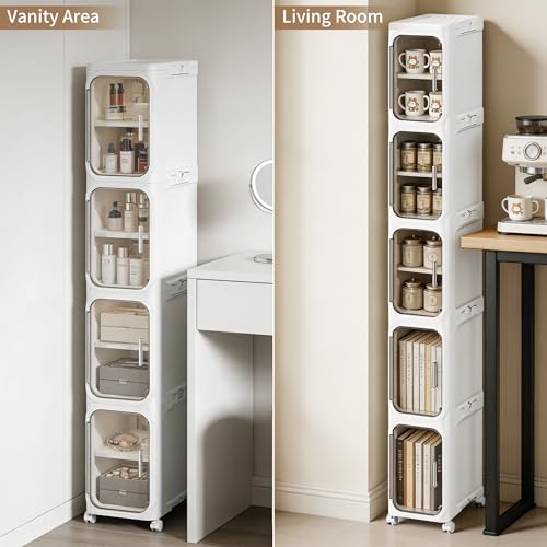 LXLXXL 5-Tier Narrow Storage Cabinet Slim Bathroom Storage Cabinet with Movable Wheels Tall Bathroom Organizer Skinny Cabinet for Small Spaces, White - color: White, size: 5-Tier