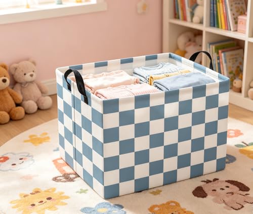 HIYAGON Rectangular Kids Basket Baby Girl Basket Fabric Storage Bin Organizer Box Room Decor(Blue Checkered) - color: Blue Checkered