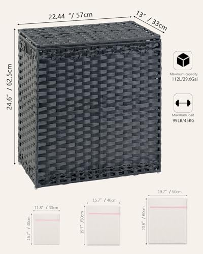 SETVSON Laundry Hamper with Lid Wicker Laundry Basket 112 L (29.6 Gal) Laundry Hampers Handwoven Rattan Clothes Hamper with Handles 3 Removable Liner Bag, 6 Mesh Bags for Bathroom Bedroom Black - color: Black, size: 29.6 Gal