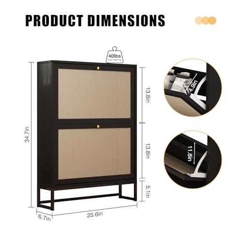 Black Narrow Shoe Cabinet, Hidden Slim Shoe Storage Cabinet for Entryway, 25.6"x34.7" Flip Drawer Shoe Oraganizer Rack with Metal Base (Black, 2-Drawer-No Divider) - color: Linen-black, size: 2-Drawer-No Divider