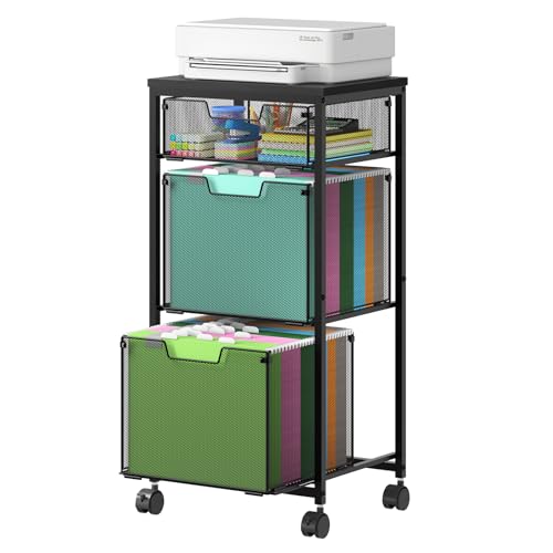 Sbanmao 3 Drawer Mobile File Cabinet for Home Office, Rolling Filing Cabinet on Lockable Wheels, Hanging File Folders Organizer, Utility Cart Storage and Organizer, Printer Stand, Black - color: Black, size: 1 Small + 2 Large Drawers