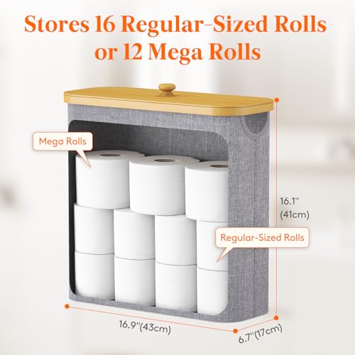 Lifewit Toilet Paper Storage Holder for 12 to 16 Rolls, Free Standing Toilet Paper Basket Stand with Bamboo Lid, Collapsible Fabric Bathroom Organizer Box for Mega Rolls, 30L, Extra Large, Light Gray - color: Gray, size: 30L