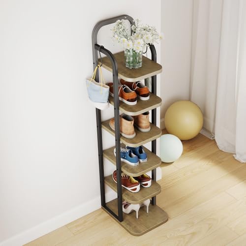 ITEFDTUTNE 6 Tiers Vertical Shoe Rack, Narrow Shoe Tower Adjustable Shelves Wooden Tall Shoe Rack with 2 Hooks, Corner Shoe Storage Organizer for Small Spaces, Entryway, Living Room - color: Light Brown-6 Tiers