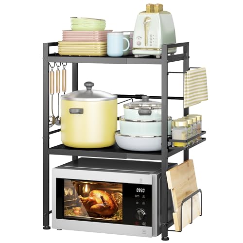 DOLALIKE Microwave Oven Rack, Expandable Microwave Stand Countertop Kitchen Utensils Tableware Storage, Carbon Steel Over Microwave Shelf Countertop with 6 Hooks - color: Black, size: 3 Tier (With Spice Rack)