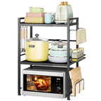 DOLALIKE Microwave Oven Rack, Expandable Microwave Stand Countertop Kitchen Utensils Tableware Storage, Carbon Steel Over Microwave Shelf Countertop with 6 Hooks - color: Black, size: 3 Tier (With Spice Rack)