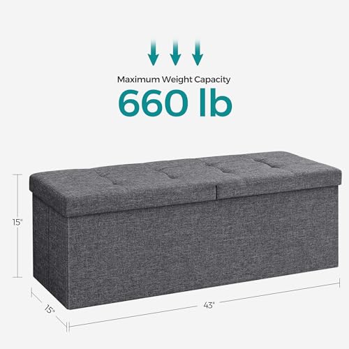SONGMICS MAZIE Collection - 43 Inches Storage Ottoman, Foldable Storage Bench with Flipping Lid, 660 lb Load Capacity, for Entryway, Living Room, Bedroom, Dark Gray ULSF76GYZ - color: Dark Gray, size: 15"D x 43"W x 15"H