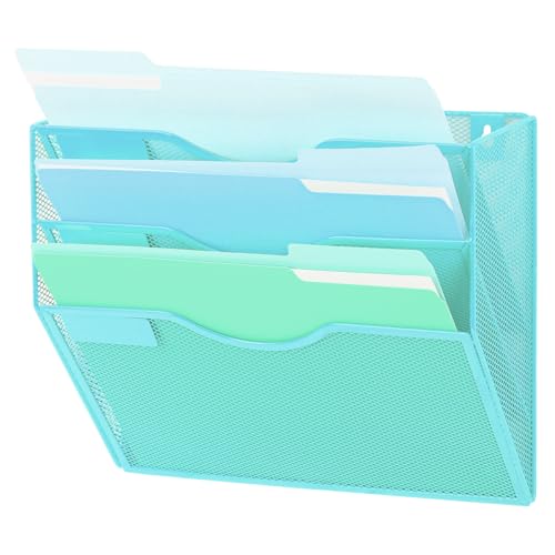 EASEPRES 3 Pocket Mesh Hanging Wall File Organizer, Wall Mounted Mail Paper Document Folder Holder, Clipboard Storage Organization Magazine Rack with Nametag Label for Office Home School, Blue - color: Blue, size: 3 Tier