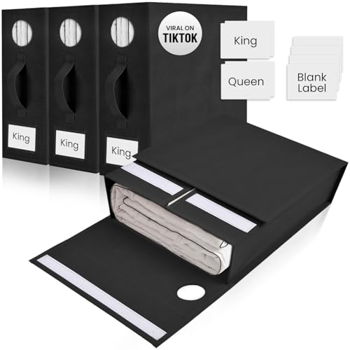 TOSORO 4 Pack Bed Sheet Organizer and Storage, Foldable Storage Bed Sheet Organizer for Linen Closet with Viewing Window & Label for Bedding Sheets & Blankets (Queen & King Size) Black - color: Black, size: 4 Pack