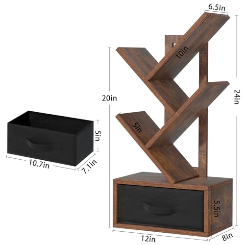 SHEEPAM Small Bookshelf with Drawer,4 Tier Tree Book Shelf,Wood Desk Bookshelves,Modern Free Standing Desktop Display Shelves,Brown Floor Standing Organizer Bookcase for Living Room,Bedroom,Office - color: Retro Brown, size: 4 Tier