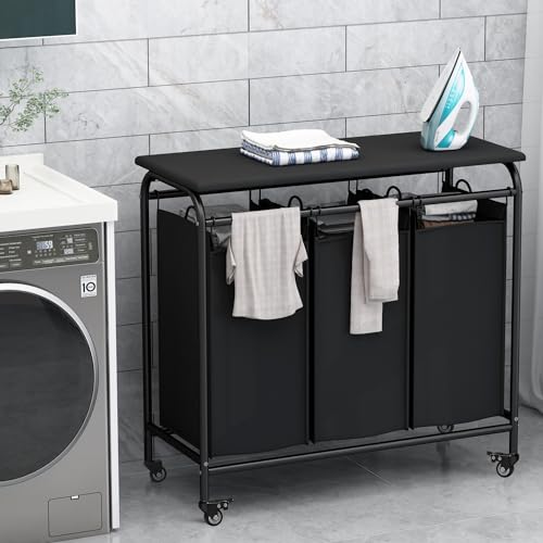 LINZINAR 3 Bag Laundry Basket Sorter Heavy Duty Rolling Lockable Wheels Laundry Hamper Cart with Ironing Board and Removable Bags, Black - size: 3 Bags Black with Board