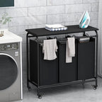 LINZINAR 3 Bag Laundry Basket Sorter Heavy Duty Rolling Lockable Wheels Laundry Hamper Cart with Ironing Board and Removable Bags, Black - size: 3 Bags Black with Board