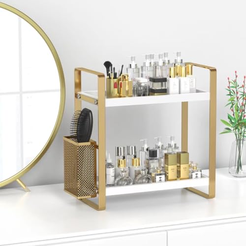 LEMIKKLE Bathroom Counter Organizer with Basket, Perfume,Makeup Organizers for Vanity,Storage Organizers for Bathroom, Kitchen, Dresser（White） - color: White
