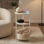 Small Round Side Table with Storage Basket, 3-Tier Narrow End Table Nightstand for Living Room Bedroom, 11.8" Diameter Modern Bedside Table for Small Spaces, Wood Grain & Metal Frame (White) - color: White