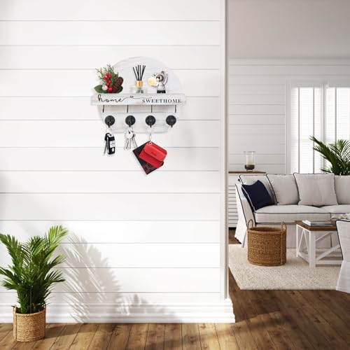 Key Holder for Wall, Key and Mail Holder Organizer - Key Holder Wall Mount with Bouquet Shelf and Key Hooks, Round Wooden Rustic Key Rack for Entryway and Home Decor (Pale White) - color: pale white