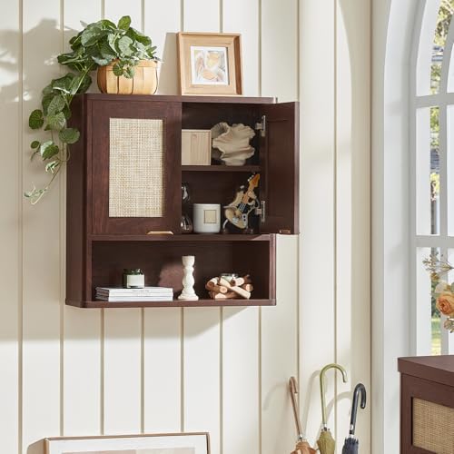 LEYAOYAO Rattan Bathroom Wall Cabinet, Boho Medicine Cabinet with Adjustable Shelf & Doors, Over The Toilet Storage Cabinets Organizer for Laundry Room, Kitchen, Living Room, Walnut - color: Walnut, size: 7.7"D×23.5"W×24"H