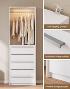 Closet System, Closet Organizer System with Rechargeable Motion Sensor Light Indoor, Walk in Closet Systems with 5 Drawers and Metal Hanging Rods, White