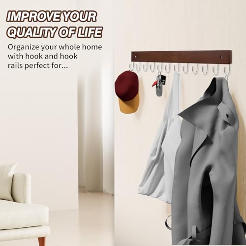 UNIFUN Wall Mounted Key Hooks, 12 Hook Organizer Rack for Entryway, Kitchen, Bathroom, Heavy Duty Key Holder Hanger, Brown Wood Finish, 2 Pack - size: 2 Pack
