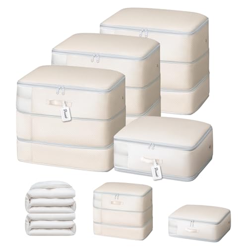 DIMJ Comforter Storage Bag - Large Capacity Ultra Space Saving Self Compression Organize for Duvet, Pillow, Bedding, Blanket Storage Organizer Nylon Compression Bags - color: Beige, size: 110L x 3 Pack