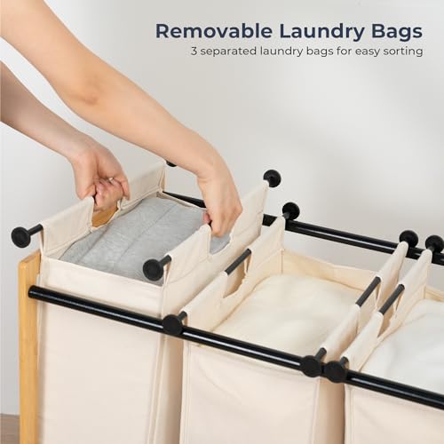 STO STO 3-Section Laundry Sorter with Bamboo Frame, Rolling Laundry Hamper Basket with Removable Bags and Lockable Wheels, Laundry Cart for Clothes Storage in Bedroom & Laundry Room, Beige - size: 3-Section