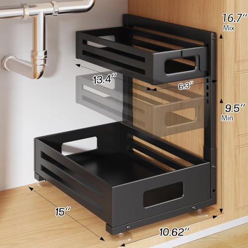 2 Pack Under Sink Organizer,Pull Out Cabinet Organizer with Smooth Cylindrical Rail,Metal Slide Out Drawer for Kitchen Bathroom Laundry Cabinet,8-Level Tool Free Height Adjustable-Black - color: Black, size: 2 Pack-15"Dx9.5"-16.7"H
