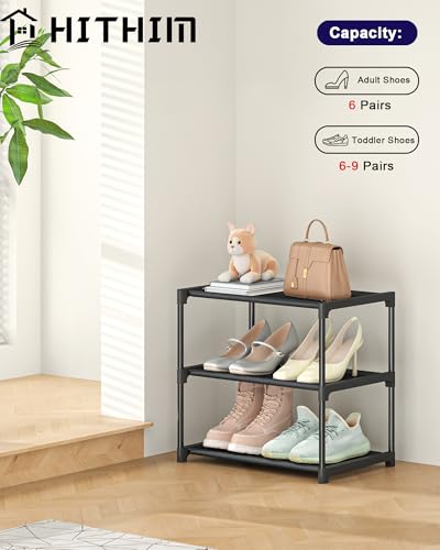 HITHIM 3 Tiers Small Shoe Rack,Narrow Stackable Shoe Shelf Organizer,Sturdy Shoe Stand, Non-Woven Fabric Metal Shoe Racks for Entryway, Doorway and Bedroom Closet - size: 3-Tier