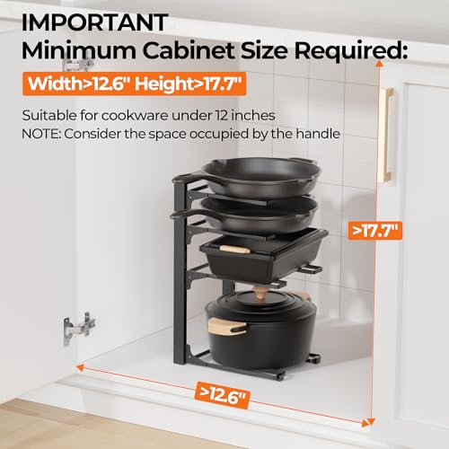 MUDEELA Pots and Pans Organizer under Cabinet 15.75" Tall, 4-Tier Heavy Duty Pan Organizers inside Cabinet Kitchen Storage, Adjustable Pot Rack Holds up to 44 LB Cast Iron Skillets Shallow Cookware - style: 4-Tier