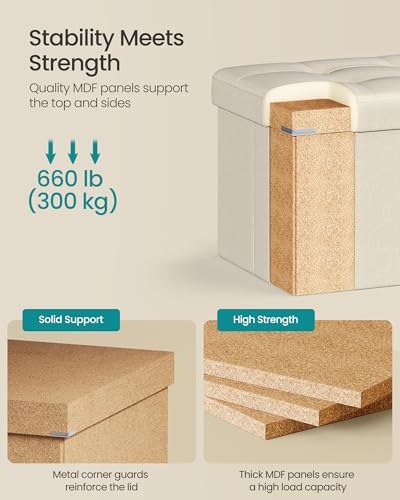 SONGMICS MAZIE Collection - 43 Inches Folding Storage Ottoman Bench, Ottoman Foot Rest, End of Bed Bench, Storage Chest, Load 660 lb, for Living Room, Bedroom, Entryway, Cream White ULSF77BE - color: Cream White, size: 15"D x 43"W x 15"H