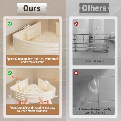 Conworld Corner Shower Caddy Suction Cups, Corner Shower Shelf With a Towel Bar, Shower Organizer Suction for Bathrooms Storage with Hooks, No-Drilling Removable (Aluminum, 2-Pack, Cream) - style: Cream