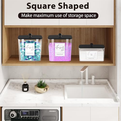 COAZEX 3 Pack Plastic Laundry Pods Container & Dryer Sheet Holder, Laundry Room Organization and Storage Jars with Lids, Scoops & Labels for Detergent, Powder, Scent Booster(Black Lid) - color: C-2+1 Pack(Black Lid)