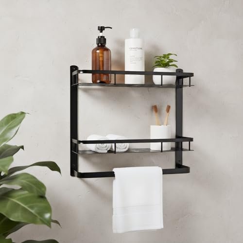 Shower Caddy，2 Pack with Towel Hanger,No-Drilling，Bathroom Shower Organizer，Rust-Proof Aluminum Alloy, Caddy for Kitchen & Home Decor，Adhesive Caddy,with Large Capacity, Black Color - color: Black-rectangle