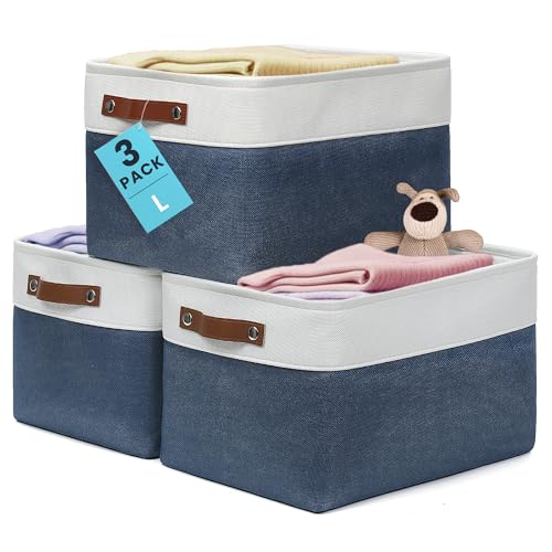 OrganiHaus Large Fabric Storage Baskets for Shelves 3 Pack, 15x11in Closet Storage Bins, Canvas Storage Bin for Organizing, Cloth Baskets, Linen Closet Organizers, Navy Blue/Off-White - color: Navy Blue / Off-White, size: Large - 3pc