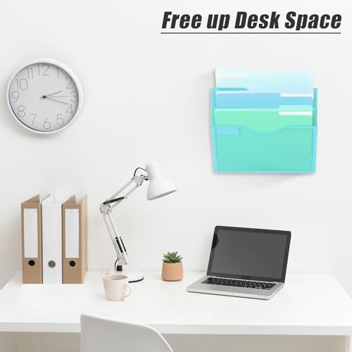 EASEPRES 3 Pocket Mesh Hanging Wall File Organizer, Wall Mounted Mail Paper Document Folder Holder, Clipboard Storage Organization Magazine Rack with Nametag Label for Office Home School, Blue - color: Blue, size: 3 Tier