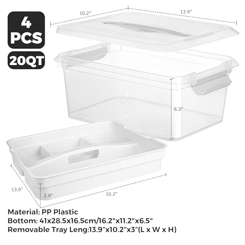 CraftGenes 4-Pack Craft Storage Box with Removable Tray, 20 QT Clear Plastic Storage Organizer with Lids, White Playdoh Storage Organizers for Crafts, Tools, Puzzles - size: 4-Pack