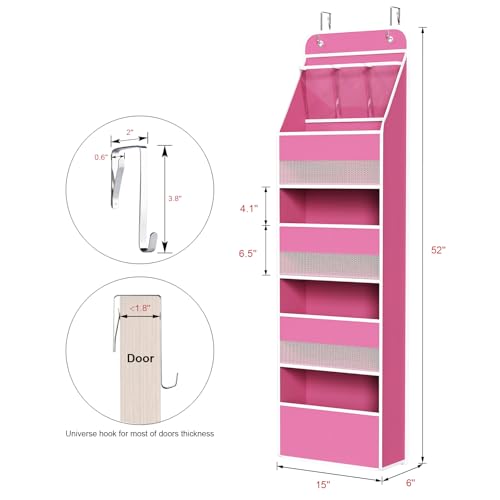 Univivi 5-Shelf Fabric Door Storage Over Door Hanging Organizer with 4 Large Pockets and 3 Small PVC Pockets Nursery Closet Cabinet Wall Mount Hanging Storage Organizers for Baby Nursery (Pink) - color: Pink, size: 5 LAYER