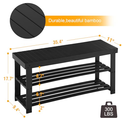 Apicizon Bamboo Shoe Rack for Entryway, 3-Tier Shoe Rack Bench for Front Indoor Entrance, Small Shoe Organizer with Storage, 35.4 Inches, Black - color: Black, size: 35.4 Inches No Cushion