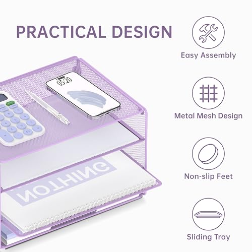 DALTACK 3 Tier Letter Tray Paper Organizer for Desk, Mesh Metal Desk File Organizer with Sliding Trays for Letter/A4 Paper, Mail, Bills & Folders, Light Purple - color: Purple
