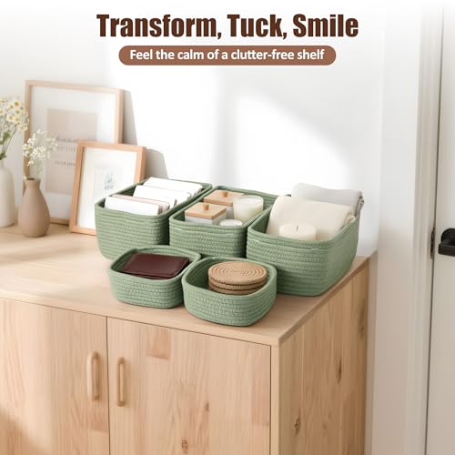 5-Pack Small Woven Rope Storage Baskets – 2 Sizes Organizer Bins for Closet, Shelf, Bookshelf, Nursery, Changing Table, Fabric Cube Boxes, Rectangular Shallow Bins for Bathroom, Toy & Home - color: Green