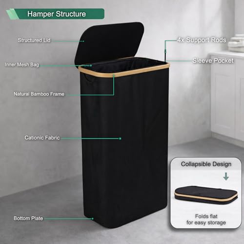 Slim Laundry Hamper with Lid, 60L Narrow Laundry Basket for Small Spaces, Collapsible Clothes Hamper with Bamboo Handles, Removable Inner Bag, Waterproof, Black