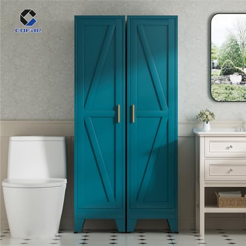 COFaR 67'' Tall Narrow Bathroom Storage Cabinet, Metal Farmhouse Skinny Pantry Cabinet with 4 Adjustable Shelves and One Door, Slim Cabinet Storage for Kitchen Laundry, 5-Tier Peacock Blue - color: Peacock Blue, size: 67 Tall Single Door-Farmhouse