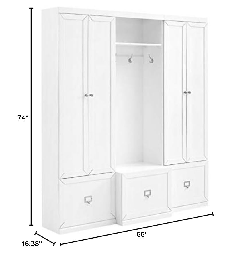 BOWERY HILL 3-Piece Modern Wood Entryway Set, 74 in H x 66 in W x 16.38 in D, MDF and Birch Veneer, White Finish, Includes Hall Tree with Hooks and 2 Pantry Closets, Modular Storage for Home