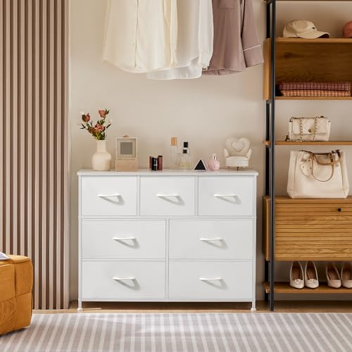 OLIXIS 7 Drawer Dresser for Bedroom, Wide Fabric Storage Tower with Wooden Top and Metal Frame, Closet Chest Organizer Furniture, TV Stand for Living Room Hallway, White - color: White, size: 11.8"D x 39.4"W x 30"H (7 Drawers)