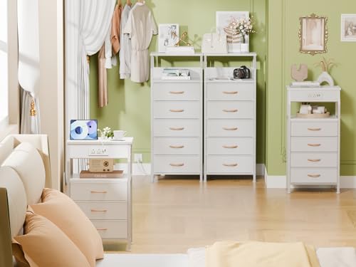 Furnulem 5 Drawers Dresser with Charging Station, Tall Night Stand with Open Shelf, Storage Tower with PVC & Fabric Drawer, Bedside Table for Bedroom, Closet, Entryway, 3 Ways to Use, White - color: White, size: 5 Drawer
