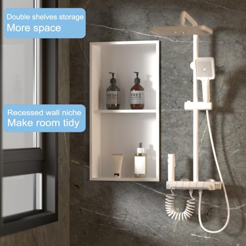 Recessed Wall Niche for Shower Room Storage,Double-Layer Shelves,Wall Insert Tile Ready,Stainless Steel(White, 24 * 12 in) - color: White, size: 24 * 12 in